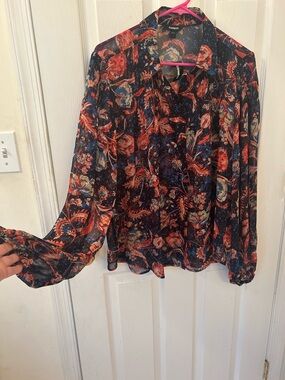 Express Navy and Rust Paisley Button-Up Blouse